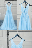 solvbao Charming Light Blue V-neckline Tulle Bridesmaid Dress, A-line Prom Dress