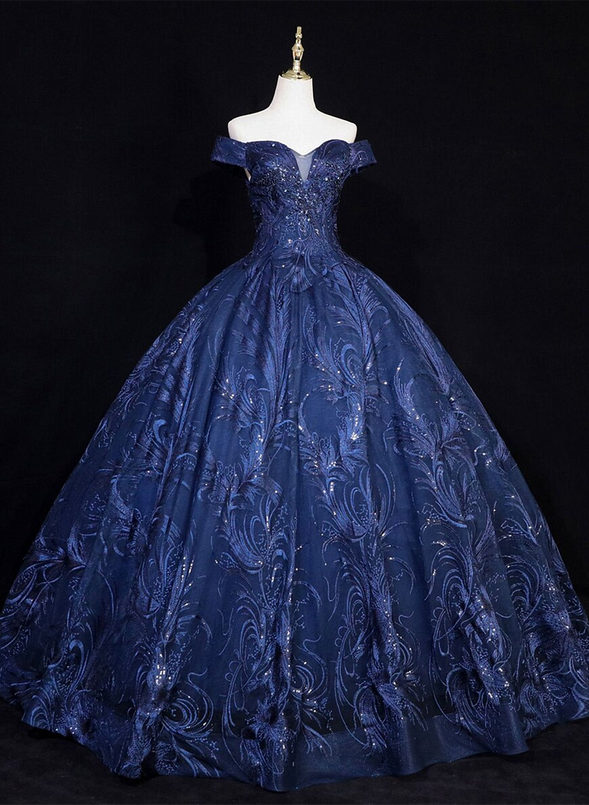 solvbao Navy Blue Ball Gown Lace Off Shoulder Quinceanera Dress, Navy Blue Tulle Formal Dress Prom Dress