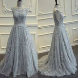 solvbao Grey Prom Dress , Tulle and Lace Evening Gowns, Formal Gowns