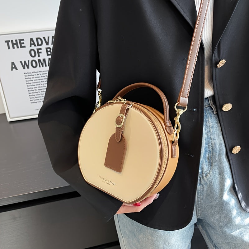 solvbao  Round Crossbody Bag With Bag Charm, Women's Double Zipper Shoulder Bag, Two Tone Elegant Handbag