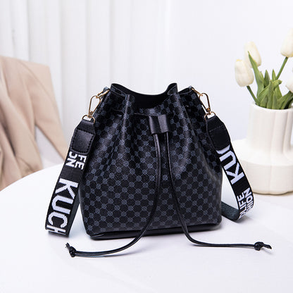 solvbao  Mini Drawstring Design Bucket Bag, Geometric Pattern Crossbody Bag, Women's Faux Leather Shoulder Bag (7.86*7.86*4.13) Inch