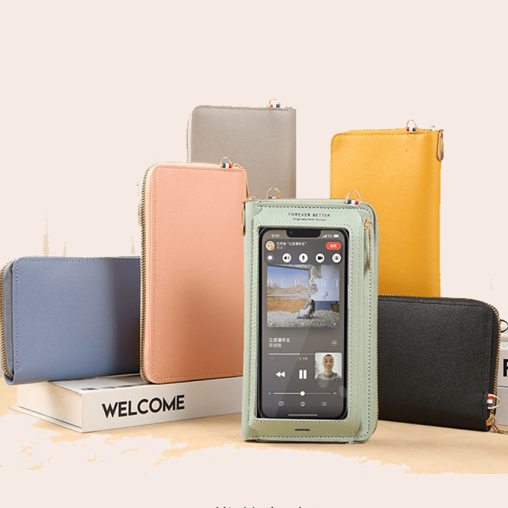 Mini Zip Around Crossbody Wallet, Touchable Screen Mobile Phone Bag, Women's PU Leather Coin Purse (7.8*4.3*1.6) Inch