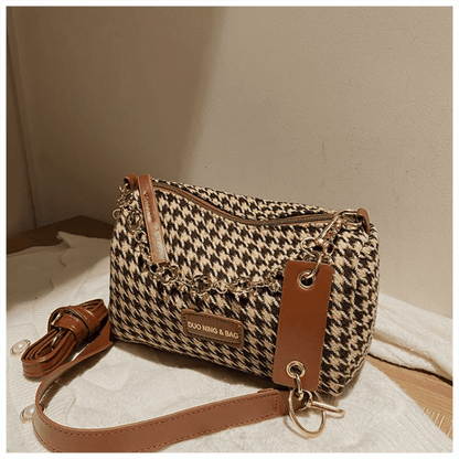 solvbao  Houndstooth Crossbody Bag, Trendy Chain Decor Bucket Bag, Women's Canvas Shoulder Purse