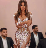 Celebrity dess Long dress Yousef aljasmi O-Neck Long sleeve Mermaid Flower AppliquesTransparent Kylie jenner Red Long dress Kim kardashian Women cloth