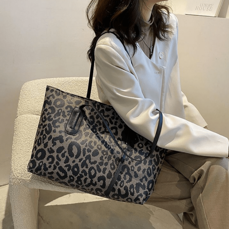 solvbao  Leopard Print Tote Bag For Women, Large Capacity Shoulder Bag, Trendy PU Handbags For Work & School