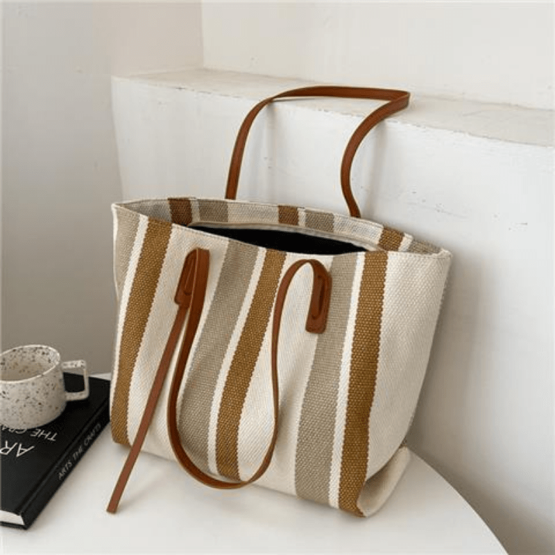 solvbao  Vertical Striped Tote Bag, Casual Canvas Shoulder Bag, Large Capacity Handbags Fot Commuter & Shopping