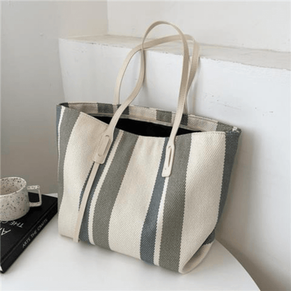 solvbao  Vertical Striped Tote Bag, Casual Canvas Shoulder Bag, Large Capacity Handbags Fot Commuter & Shopping