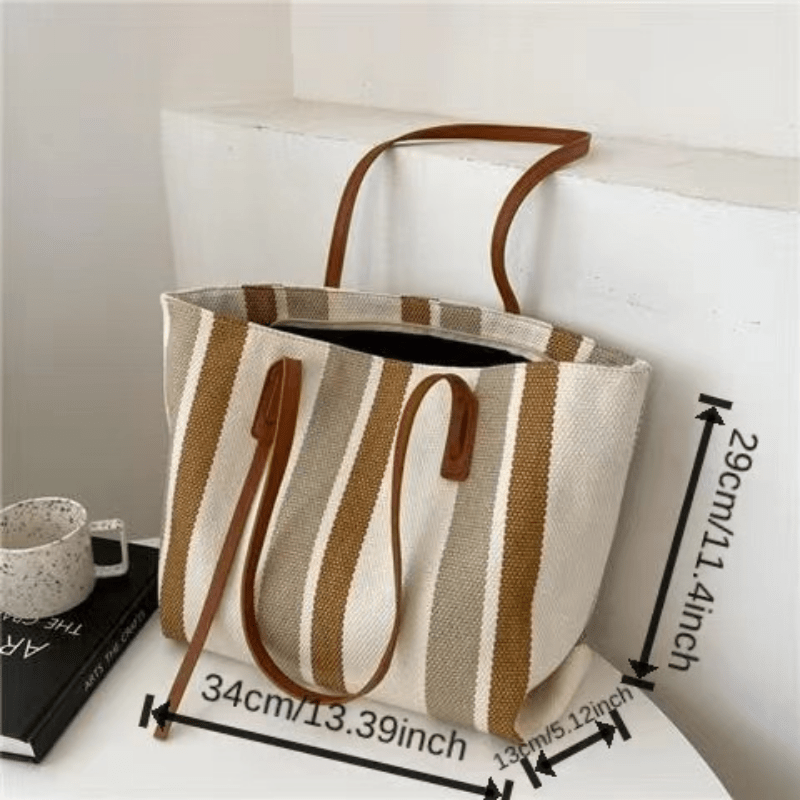 solvbao  Vertical Striped Tote Bag, Casual Canvas Shoulder Bag, Large Capacity Handbags Fot Commuter & Shopping