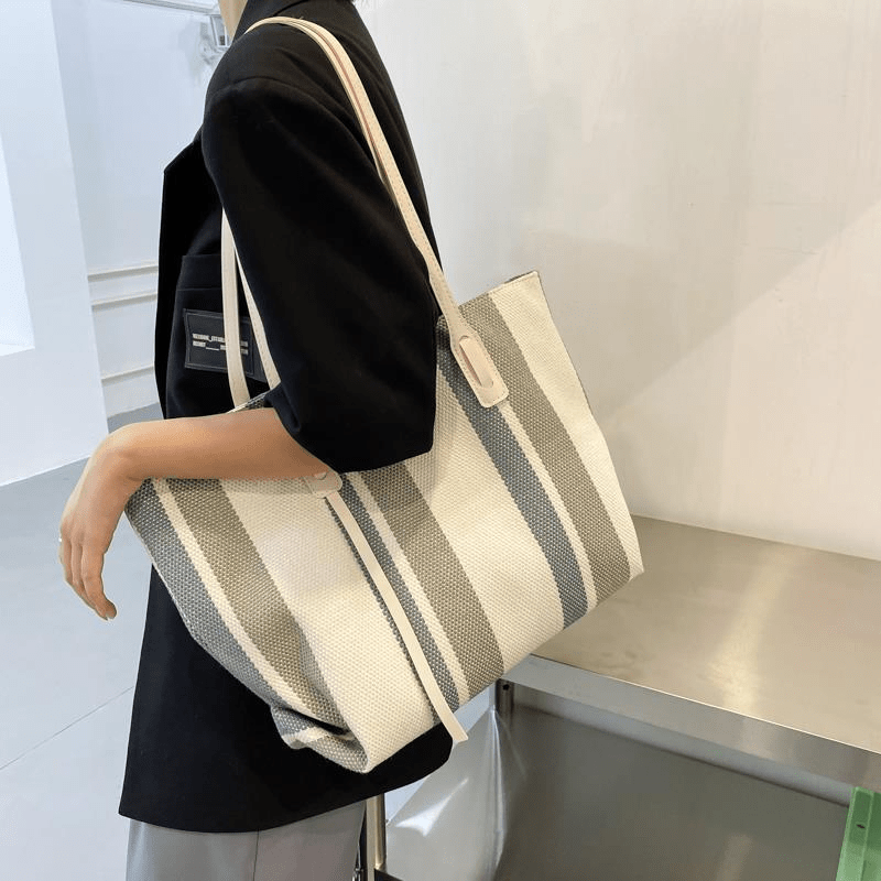 solvbao  Vertical Striped Tote Bag, Casual Canvas Shoulder Bag, Large Capacity Handbags Fot Commuter & Shopping