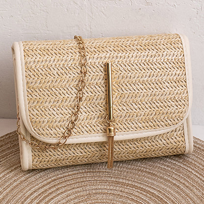 solvbao  Straw Woven Crossbody Bag, Fashion Chain Shoulder Bag, Tassel Decor Beach Bag For Travel Holiday