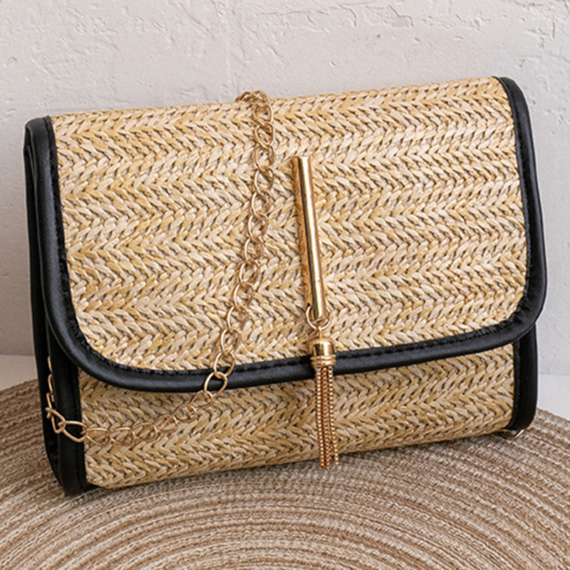 solvbao  Straw Woven Crossbody Bag, Fashion Chain Shoulder Bag, Tassel Decor Beach Bag For Travel Holiday