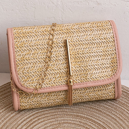 solvbao  Straw Woven Crossbody Bag, Fashion Chain Shoulder Bag, Tassel Decor Beach Bag For Travel Holiday