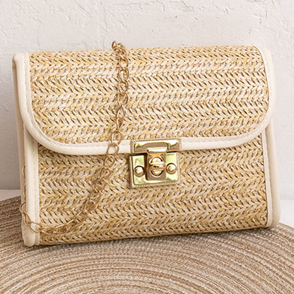 solvbao  Straw Woven Crossbody Bag, Fashion Chain Shoulder Bag, Tassel Decor Beach Bag For Travel Holiday