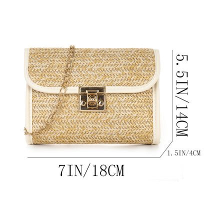 solvbao  Straw Woven Crossbody Bag, Fashion Chain Shoulder Bag, Tassel Decor Beach Bag For Travel Holiday