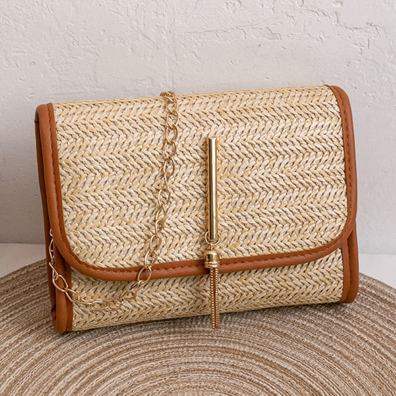 solvbao  Straw Woven Crossbody Bag, Fashion Chain Shoulder Bag, Tassel Decor Beach Bag For Travel Holiday