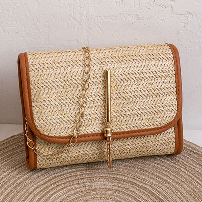 solvbao  Straw Woven Crossbody Bag, Fashion Chain Shoulder Bag, Tassel Decor Beach Bag For Travel Holiday