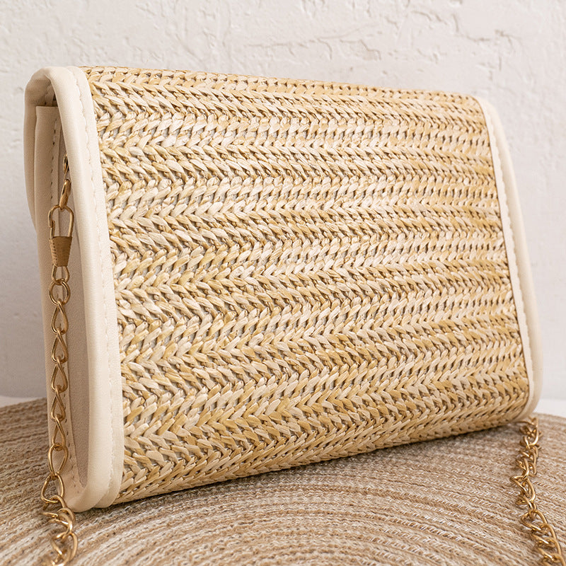 solvbao  Straw Woven Crossbody Bag, Fashion Chain Shoulder Bag, Tassel Decor Beach Bag For Travel Holiday