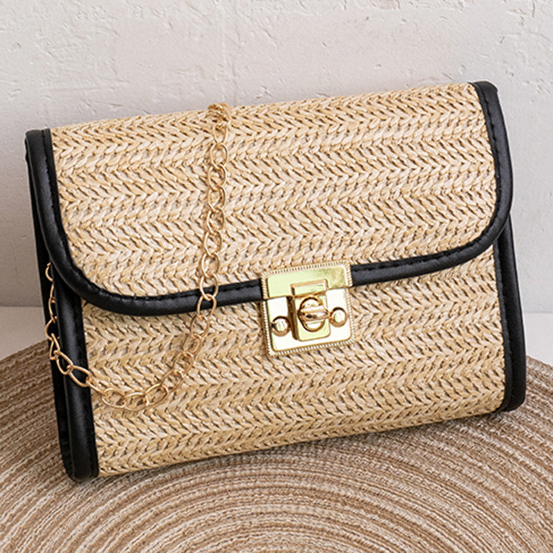 solvbao  Straw Woven Crossbody Bag, Fashion Chain Shoulder Bag, Tassel Decor Beach Bag For Travel Holiday