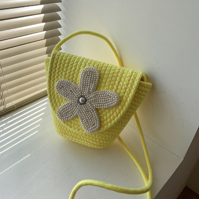 Bead Flower Decor Shoulder Bag, Minimalist Straw Design Shoulder Bag, All-Match Crossbody Bag