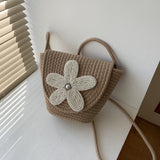 Bead Flower Decor Shoulder Bag, Minimalist Straw Design Shoulder Bag, All-Match Crossbody Bag