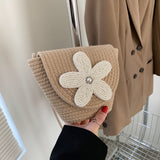 Bead Flower Decor Shoulder Bag, Minimalist Straw Design Shoulder Bag, All-Match Crossbody Bag