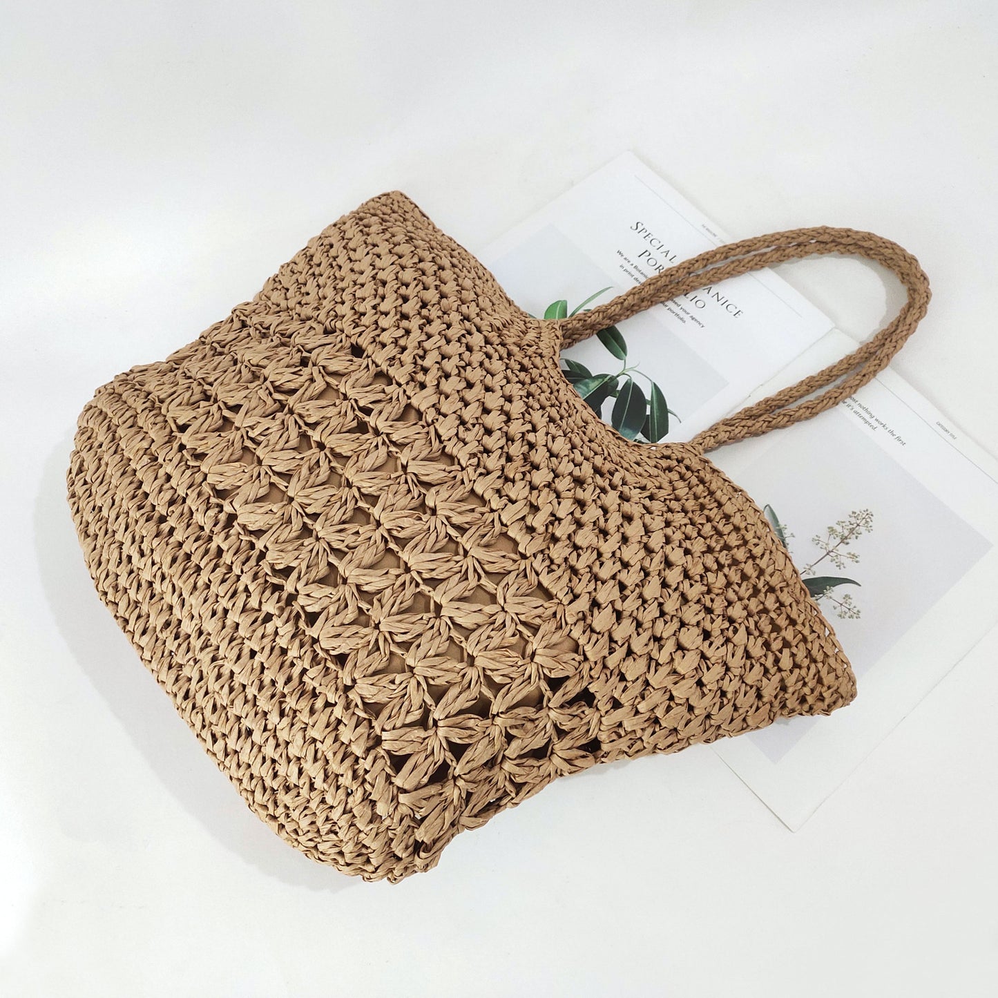 solvbao  Straw Woven Summer Tote Bag, Hollow Out Beach Shoulder Bag, Women's All-Match Large Handbag