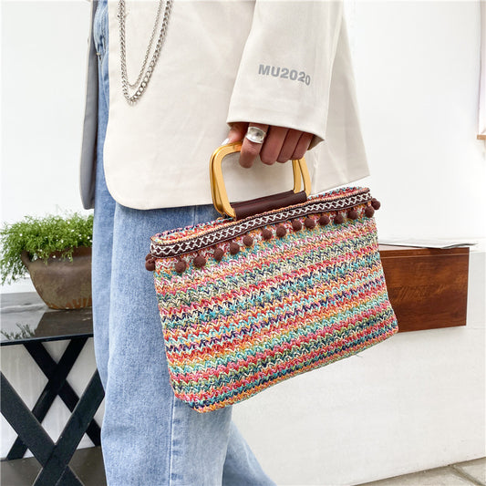 solvbao  Vintage Straw Woven Tote Bag, Retro Summer Beach Handbag, Women's Ethnic Bohemian Purse For Travel Vacation