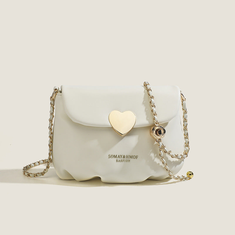 Stylish Chain Crossbody Bag, Love Heart Decor Shoulder Bag, Cloud Ruched Flap Purse Gift For Women