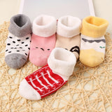 5pairs Baby Boys Girls Kids Thickened Warm Socks Shoes For Autumn Winter, Cartoon Pattern Cute Floor Socks, Toddlers Newborn Infants Children's Trendy Socks