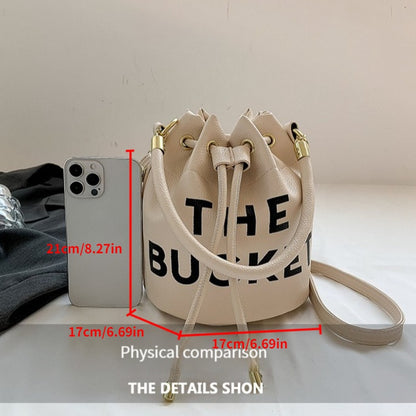 solvbao  Mini Bucket Bag For Women, Letter Print Crossbody Bag, Luxury Drawstring Purse & Handbag