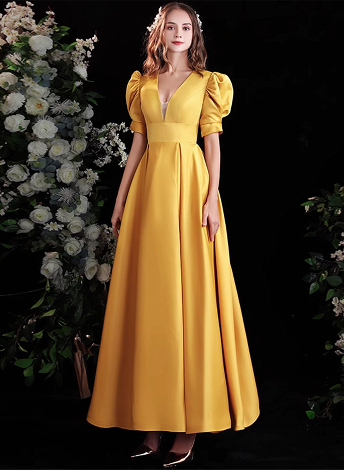 Solvbao Yellow Satin A-line Long Prom Dress with Sleeves, Yellow Floor Length Evening Dress Party Dress