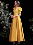 Solvbao Yellow Satin A-line Long Prom Dress with Sleeves, Yellow Floor Length Evening Dress Party Dress