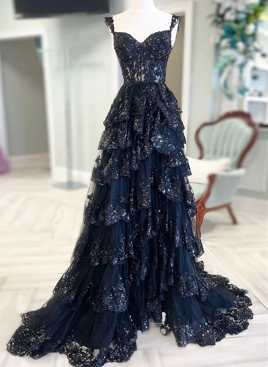 solvbao Navy Blue Lace and Tulle Sweetheart Long Formal Dress, Navy Blue Prom Dress