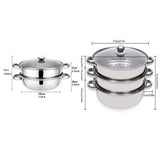 3-Tier Stackable Stainless Steel Multipot Set - Premium Cookware for Vegetable & Pasta Steaming, Double Handle, Glass Lid, Transparent Double Boiler Stock Pot for Healthy Cooking