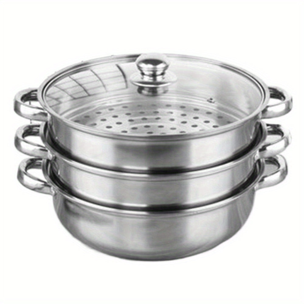 3-Tier Stackable Stainless Steel Multipot Set - Premium Cookware for Vegetable & Pasta Steaming, Double Handle, Glass Lid, Transparent Double Boiler Stock Pot for Healthy Cooking