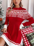 Elegant Christmas Knit Sweater Dress - Chic Long Sleeve, Crew Neck with Festive Pattern & Contrast Trim, Acrylic Fiber