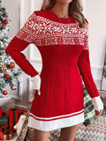 Elegant Christmas Knit Sweater Dress - Chic Long Sleeve, Crew Neck with Festive Pattern & Contrast Trim, Acrylic Fiber