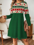 Elegant Christmas Print Midi Dress - Long Sleeve, Crew Neck, Stretchy Polyester Blend, Machine Washable - Women's Fashion