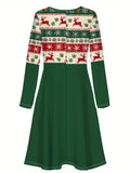 Elegant Christmas Print Midi Dress - Long Sleeve, Crew Neck, Stretchy Polyester Blend, Machine Washable - Women's Fashion