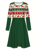 Elegant Christmas Print Midi Dress - Long Sleeve, Crew Neck, Stretchy Polyester Blend, Machine Washable - Women's Fashion