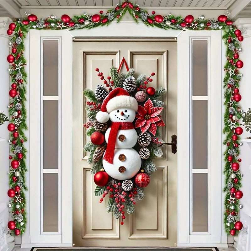 1pc, Festive Polyester Snowman Wreath, 35.4"x70.9", Modern Holiday Door Frame Decor, Indoor/Outdoor Use, Tassel Accents, Christmas Gift, Battery-Free, Home & Kitchen Decor