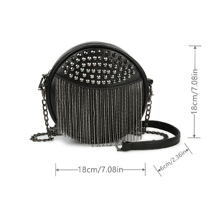 Studded & Fringe Decor Circle Bag, Fashion Chain Crossbody Bag, Women's PU Leather Purse With Tassel