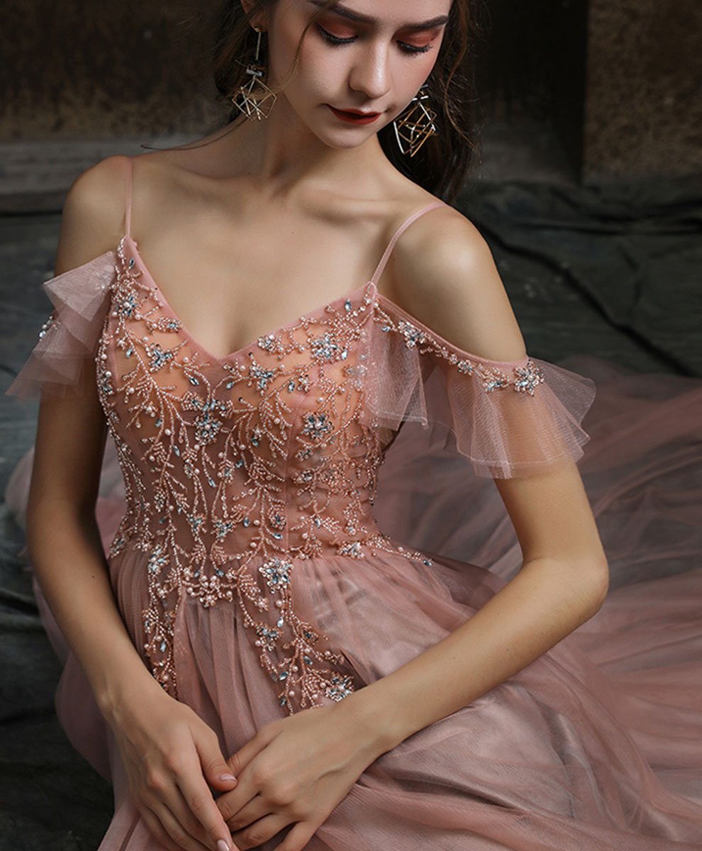 Solvbao Pink Sweetheart Straps Beaded Long Formal Dress, Pink Tulle A-line V Back Evening Dress Prom Dress