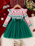 Christmas Baby Girl Snowflake Santa Hat Bow Christmas Tree Print Top Mesh Dress with Belt