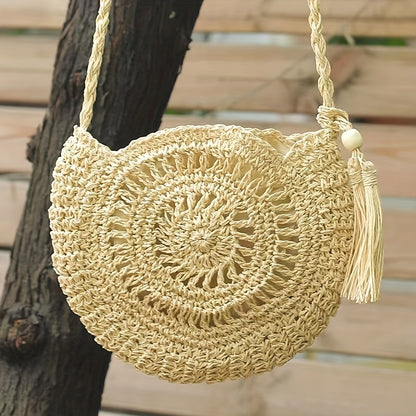 solvbao  Round Woven Straw Beach Bag, Tassel Decor Crossbody Bag, Boho Style Hollow Bag For Travel Vacation