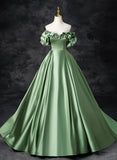 solvbao A-line Green Satin Off Shoulder Long Party Dress, Green Satin Prom Dress