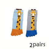 2pairs Boys Kids Five-finger Socks, Cartoon Giraffe Cute Split Toe Socks, Breathable Comfy Crew Socks For Autumn Winter, Children's Socks