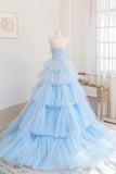 solvbao Blue Tulle Scoop Layers Long Party Dress, Blue Tulle Formal Dress