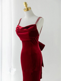 Solvbao Wine Red Velvet Low Back Straps Long Party Dress, Wine Red Wedding Party Dress