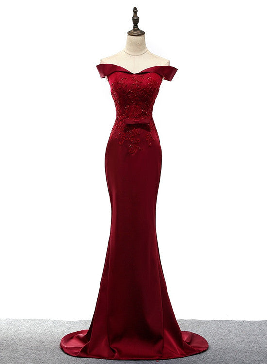 solvbao Red Satin Mermaid Long Evening Party Dress, Off Shoulder Women Formal Gowns, Prom Dress